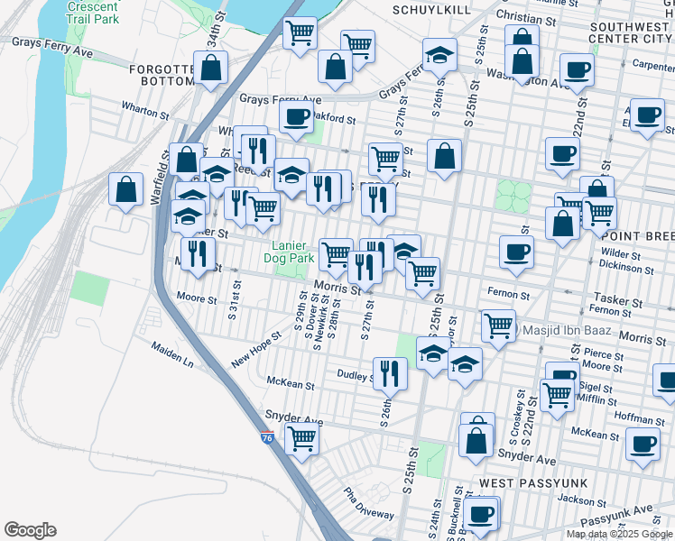 map of restaurants, bars, coffee shops, grocery stores, and more near 1622 South 28th Street in Philadelphia