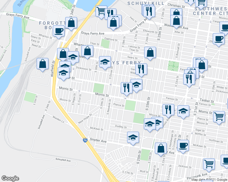 map of restaurants, bars, coffee shops, grocery stores, and more near 1622 South 28th Street in Philadelphia