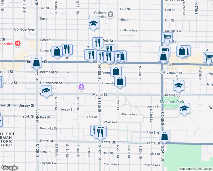 map of restaurants, bars, coffee shops, grocery stores, and more near 1850 Hampshire Street in Quincy