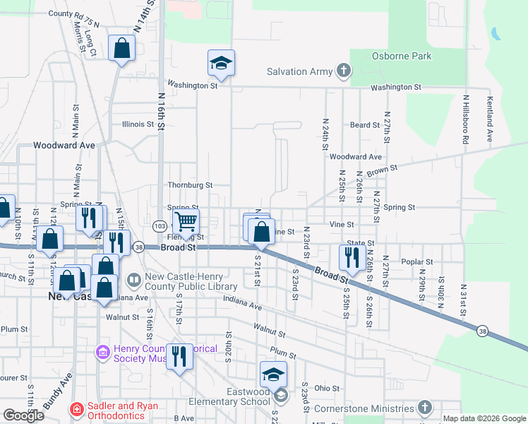 map of restaurants, bars, coffee shops, grocery stores, and more near 2101-2199 Spring St in New Castle