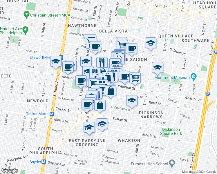 map of restaurants, bars, coffee shops, grocery stores, and more near 1316 East Passyunk Avenue in Philadelphia