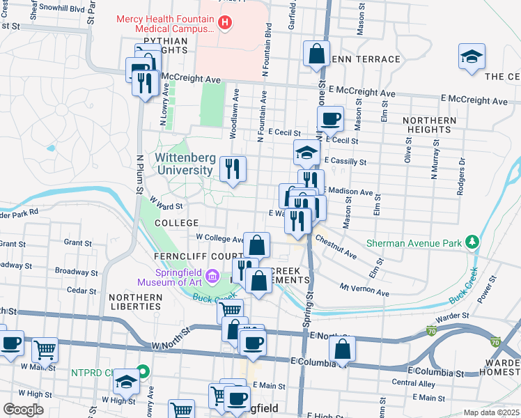 map of restaurants, bars, coffee shops, grocery stores, and more near 702 North Fountain Avenue in Springfield