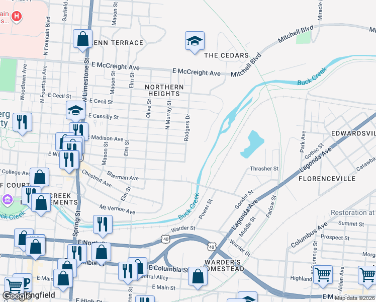 map of restaurants, bars, coffee shops, grocery stores, and more near 724 Rodgers Drive in Springfield