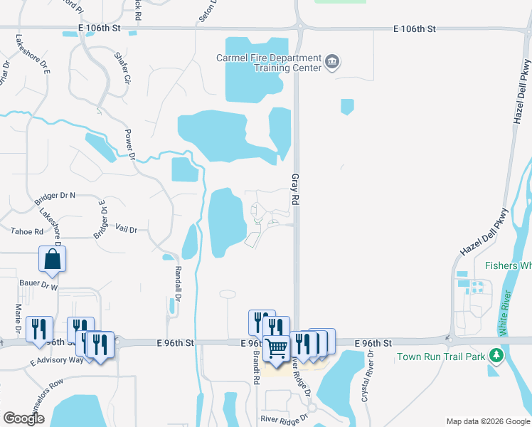 map of restaurants, bars, coffee shops, grocery stores, and more near 73 Fair Haven Drive in Indianapolis
