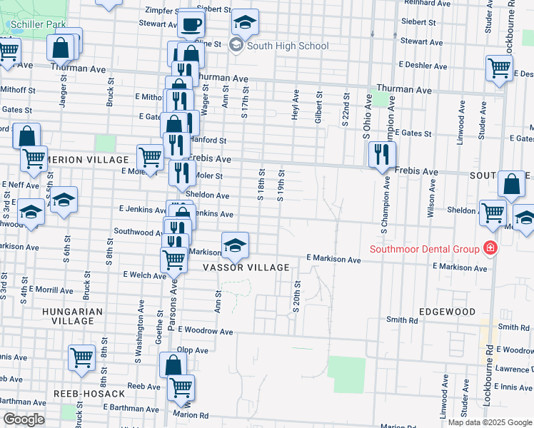 map of restaurants, bars, coffee shops, grocery stores, and more near 646 East Jenkins Avenue in Columbus