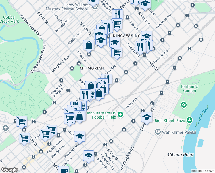 map of restaurants, bars, coffee shops, grocery stores, and more near 5731 Woodland Avenue in Philadelphia