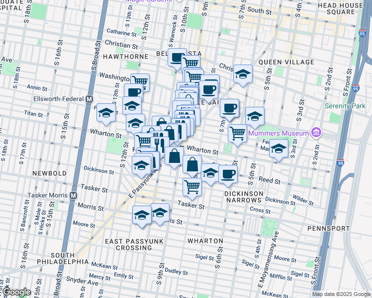 map of restaurants, bars, coffee shops, grocery stores, and more near 838 Wharton Street in Philadelphia