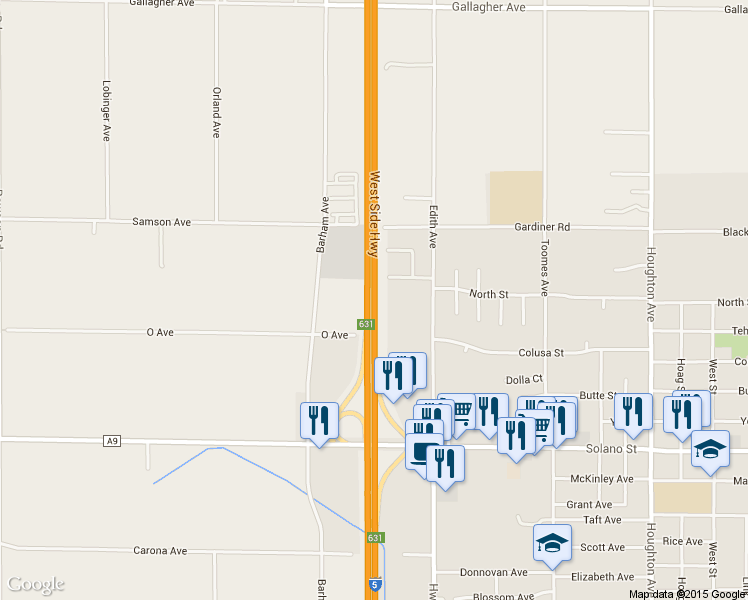 map of restaurants, bars, coffee shops, grocery stores, and more near West Side Hwy in Corning