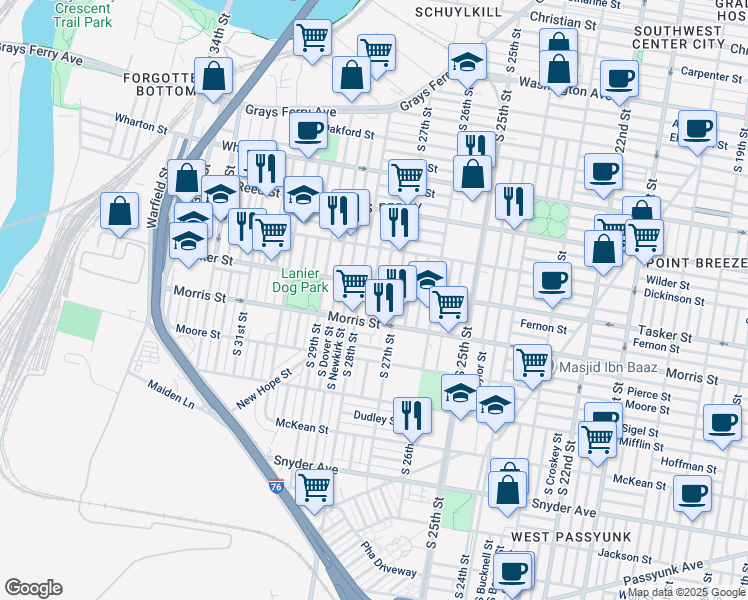 map of restaurants, bars, coffee shops, grocery stores, and more near 1621 South Marston Street in Philadelphia