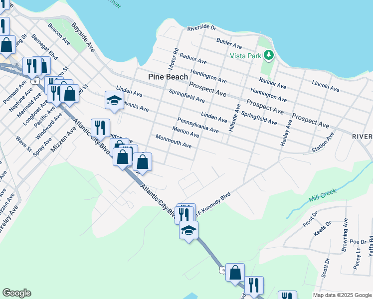 map of restaurants, bars, coffee shops, grocery stores, and more near 427 Monmouth Avenue in Pine Beach
