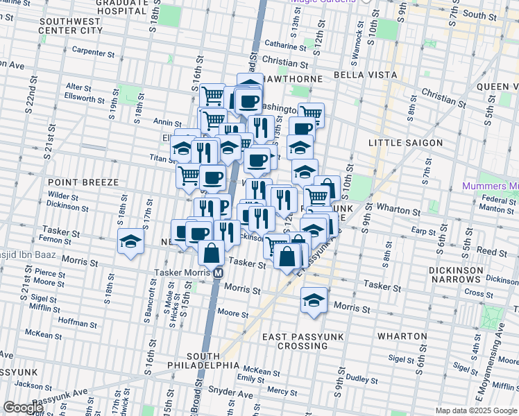 map of restaurants, bars, coffee shops, grocery stores, and more near 1340 South 13th Street in Philadelphia