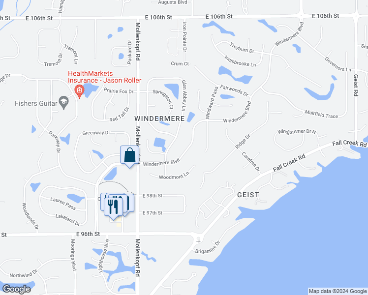 map of restaurants, bars, coffee shops, grocery stores, and more near 10796 Windermere Boulevard in Fishers