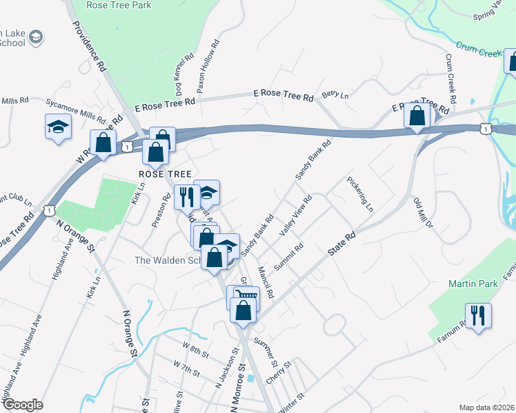 map of restaurants, bars, coffee shops, grocery stores, and more near 23 West Fourth Street in Media