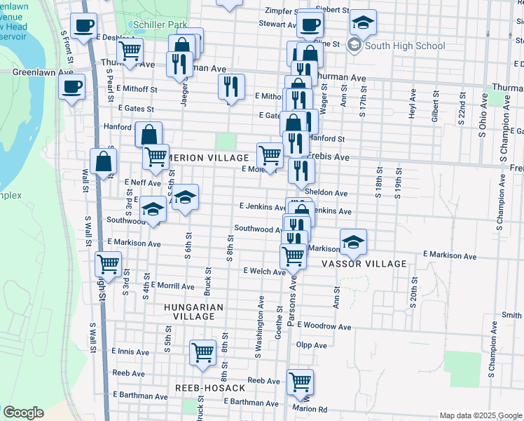 map of restaurants, bars, coffee shops, grocery stores, and more near 367 East Jenkins Avenue in Columbus