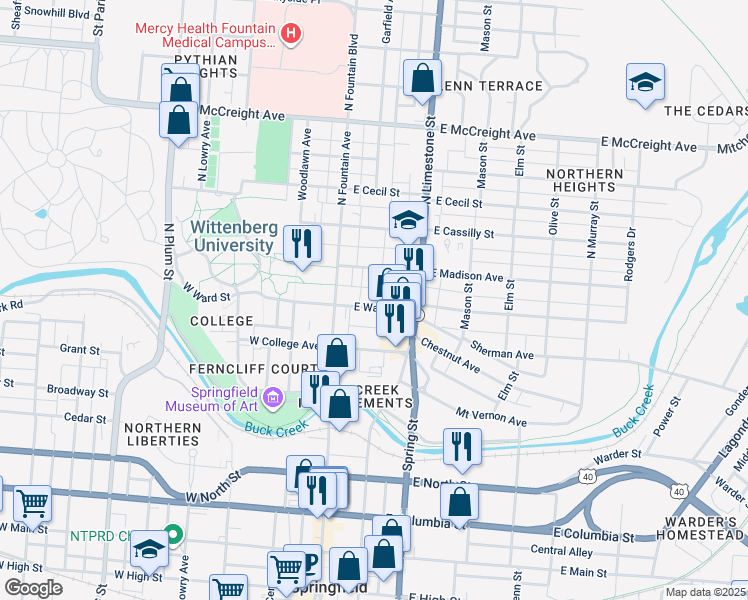 map of restaurants, bars, coffee shops, grocery stores, and more near 46 East Ward Street in Springfield