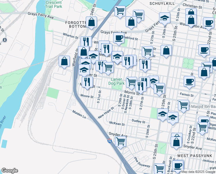 map of restaurants, bars, coffee shops, grocery stores, and more near 1621 South Corlies Street in Philadelphia