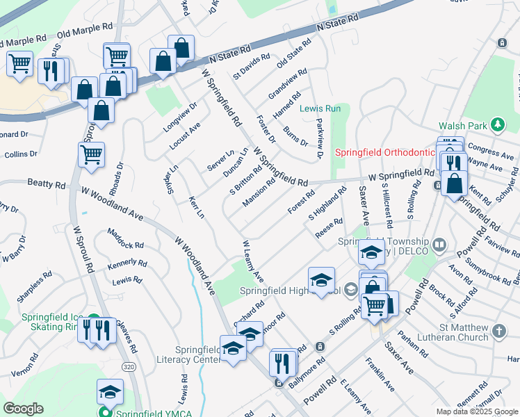 map of restaurants, bars, coffee shops, grocery stores, and more near 64 Shelburne Road in Springfield