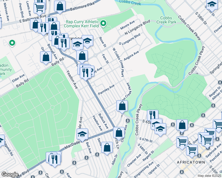 map of restaurants, bars, coffee shops, grocery stores, and more near 803 Pleasant Road in Yeadon