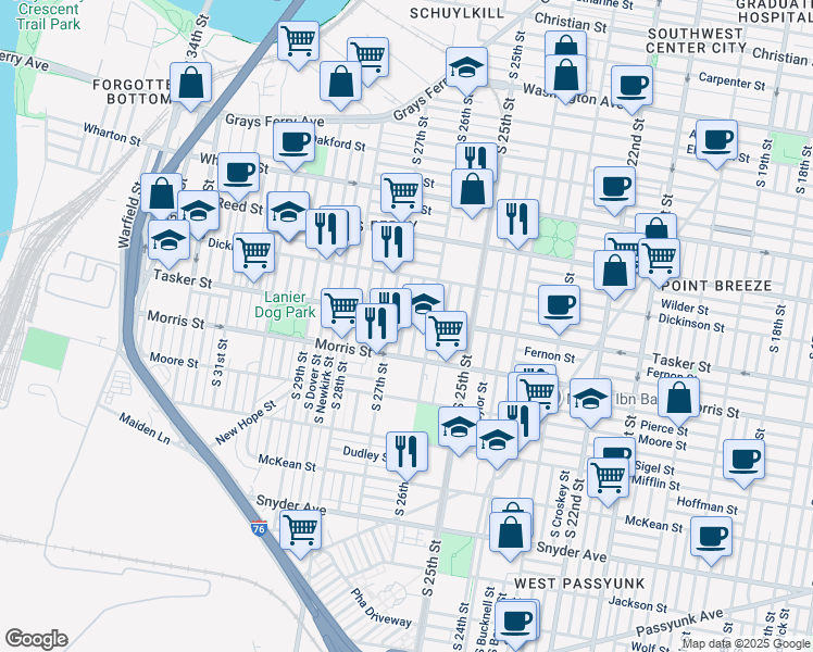 map of restaurants, bars, coffee shops, grocery stores, and more near 1609 South Taney Street in Philadelphia