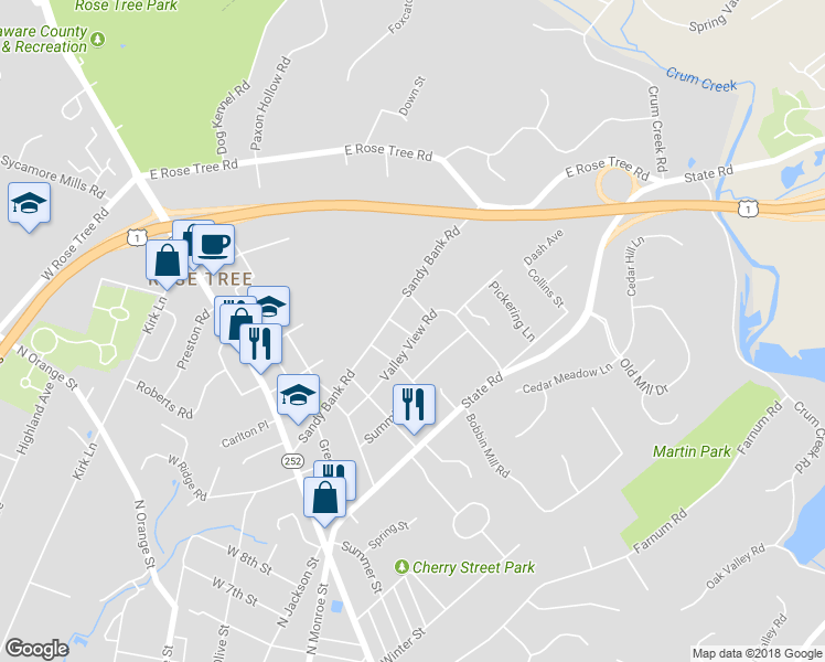 map of restaurants, bars, coffee shops, grocery stores, and more near 400 Sycamore Road in Media
