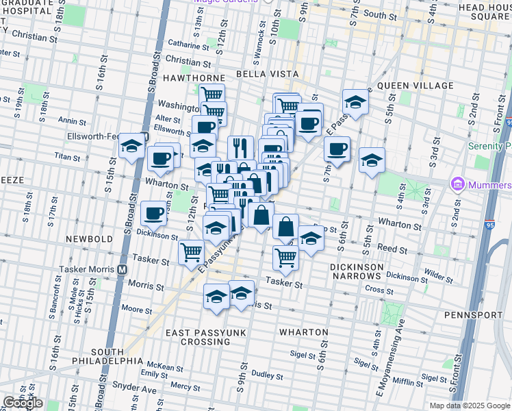 map of restaurants, bars, coffee shops, grocery stores, and more near 1316 East Passyunk Avenue in Philadelphia