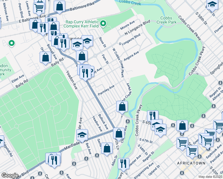map of restaurants, bars, coffee shops, grocery stores, and more near 803 Pleasant Road in Yeadon
