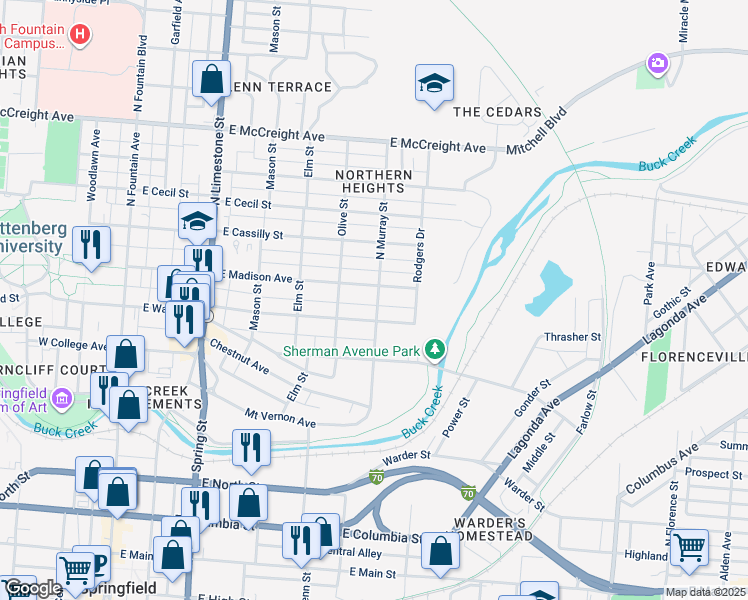 map of restaurants, bars, coffee shops, grocery stores, and more near 721 North Murray Street in Springfield