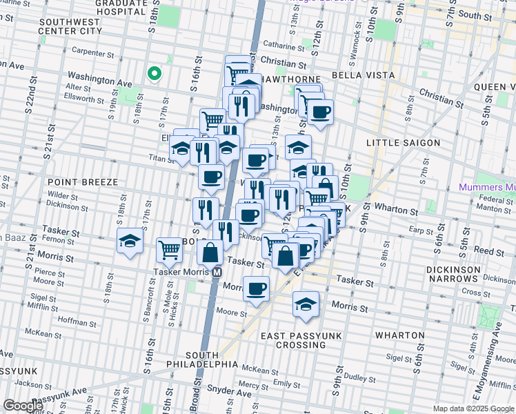 map of restaurants, bars, coffee shops, grocery stores, and more near 1340 South 13th Street in Philadelphia