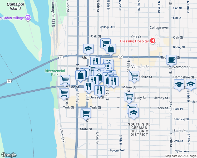 map of restaurants, bars, coffee shops, grocery stores, and more near 132 North 5th Street in Quincy