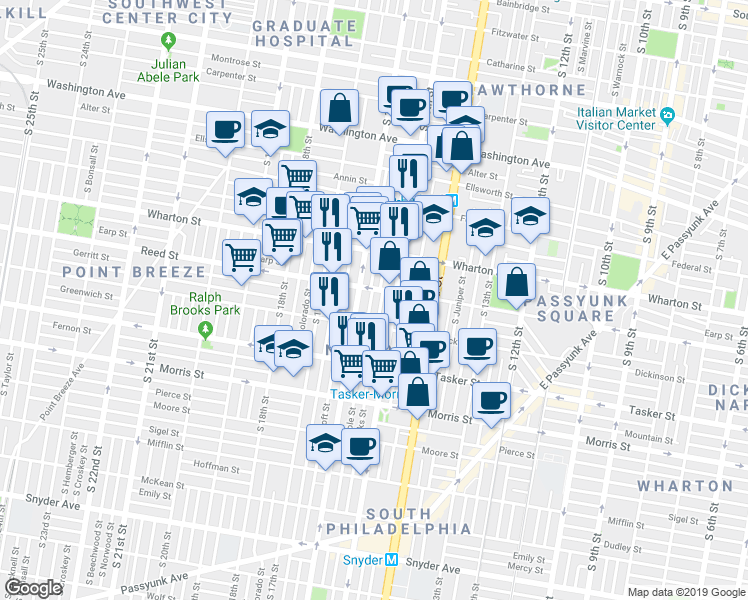 map of restaurants, bars, coffee shops, grocery stores, and more near 1415 South Mole Street in Philadelphia