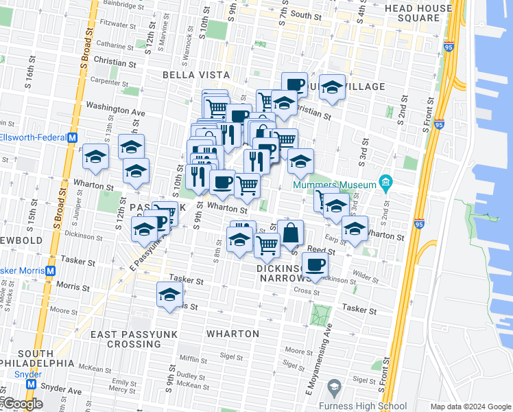 map of restaurants, bars, coffee shops, grocery stores, and more near 1236 South Sheridan Street in Philadelphia