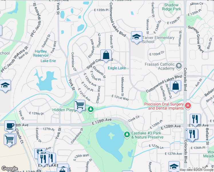 map of restaurants, bars, coffee shops, grocery stores, and more near 13200 Elizabeth Street in Thornton