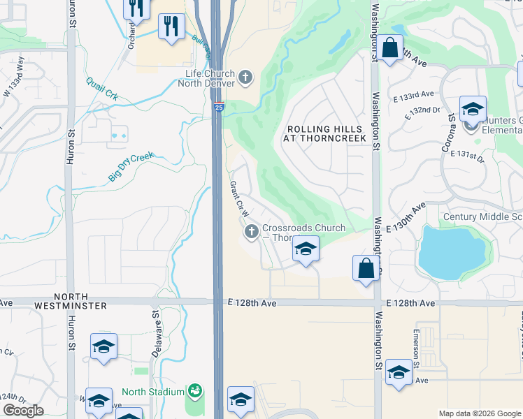map of restaurants, bars, coffee shops, grocery stores, and more near 13029 Grant Circle East in Thornton
