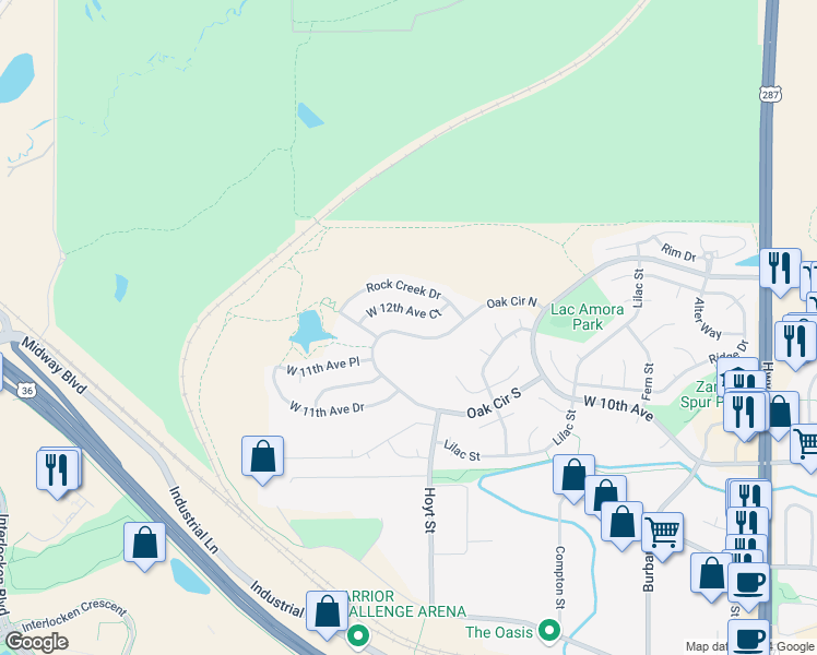 map of restaurants, bars, coffee shops, grocery stores, and more near 3159 Oak Circle North in Broomfield