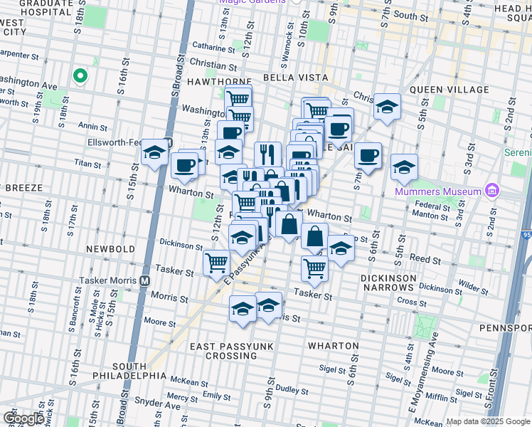 map of restaurants, bars, coffee shops, grocery stores, and more near 1309 South 10th Street in Philadelphia