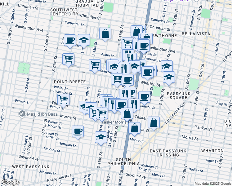 map of restaurants, bars, coffee shops, grocery stores, and more near 1415 South Mole Street in Philadelphia