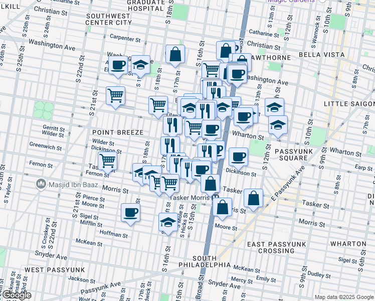 map of restaurants, bars, coffee shops, grocery stores, and more near 1401-35 South 16th Street in Philadelphia