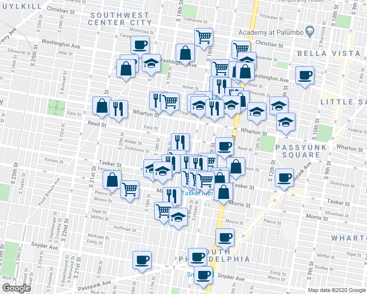 map of restaurants, bars, coffee shops, grocery stores, and more near 1415 South 17th Street in Philadelphia