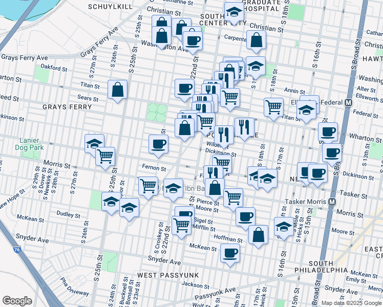 map of restaurants, bars, coffee shops, grocery stores, and more near 2106 Dickinson Street in Philadelphia