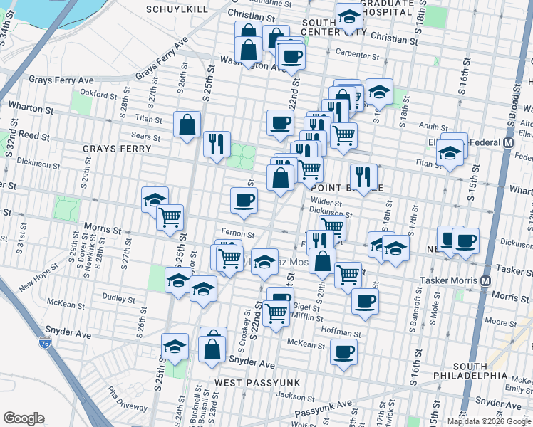 map of restaurants, bars, coffee shops, grocery stores, and more near 1514 South 22nd Street in Philadelphia
