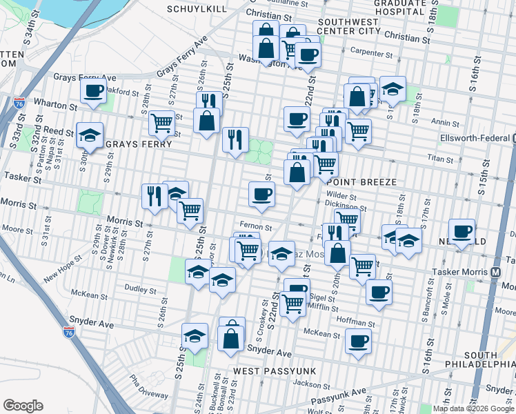 map of restaurants, bars, coffee shops, grocery stores, and more near 2300 Greenwich Street in Philadelphia