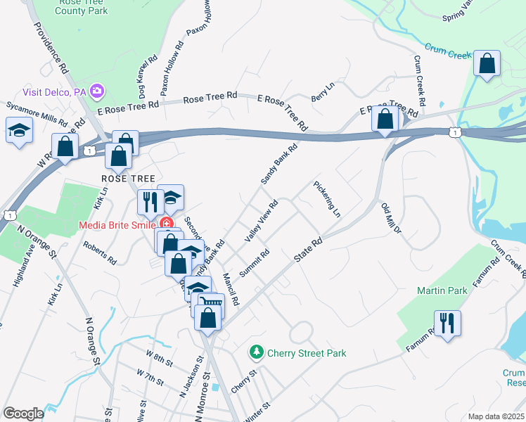 map of restaurants, bars, coffee shops, grocery stores, and more near 400 Sycamore Road in Media