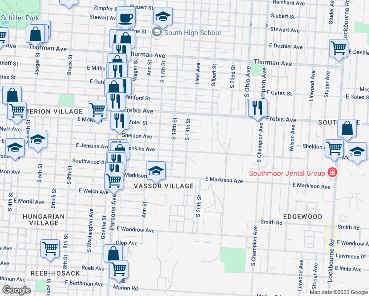 map of restaurants, bars, coffee shops, grocery stores, and more near 646 East Jenkins Avenue in Columbus