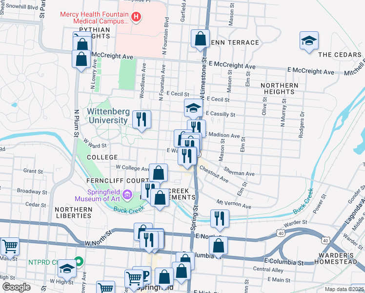 map of restaurants, bars, coffee shops, grocery stores, and more near 46 East Ward Street in Springfield