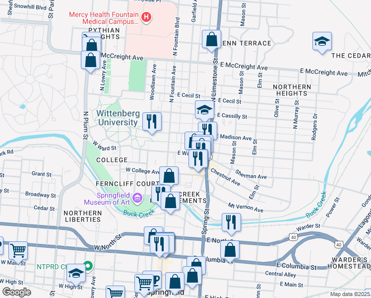 map of restaurants, bars, coffee shops, grocery stores, and more near 46 East Ward Street in Springfield