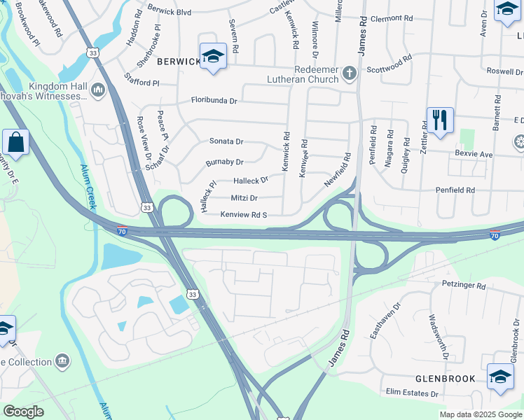 map of restaurants, bars, coffee shops, grocery stores, and more near 2710 Kenview Road South in Columbus