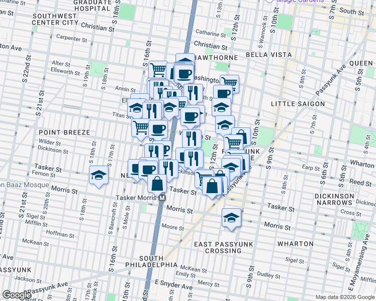 map of restaurants, bars, coffee shops, grocery stores, and more near 1323 Reed Street in Philadelphia
