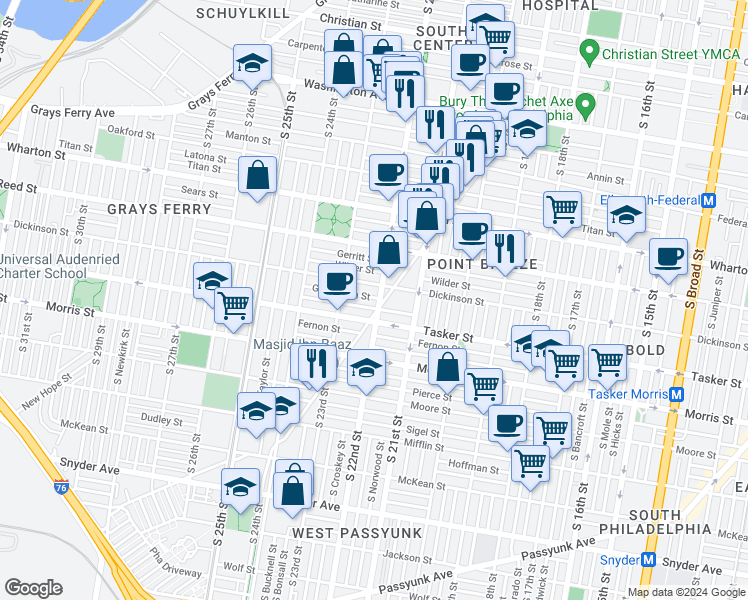 map of restaurants, bars, coffee shops, grocery stores, and more near 1516 South 22nd Street in Philadelphia
