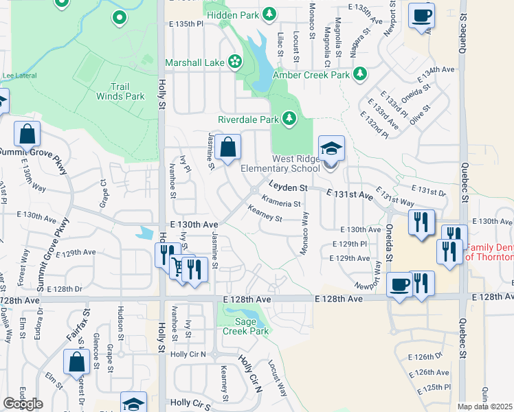 map of restaurants, bars, coffee shops, grocery stores, and more near 12976 Kearney Street in Thornton