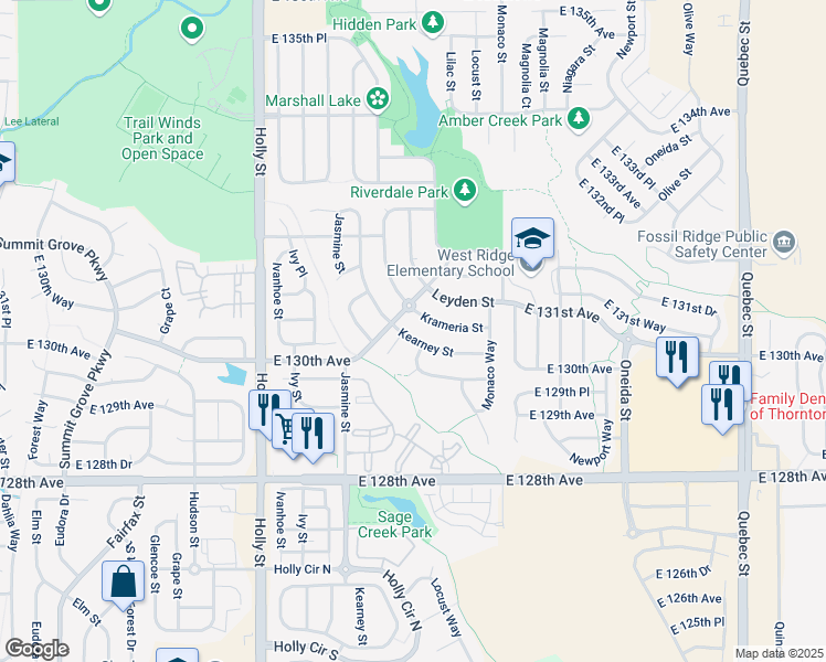 map of restaurants, bars, coffee shops, grocery stores, and more near 12976 Kearney Street in Thornton